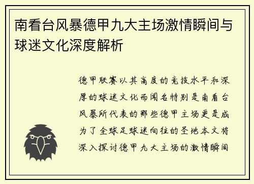 南看台风暴德甲九大主场激情瞬间与球迷文化深度解析