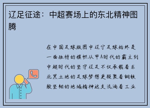 辽足征途：中超赛场上的东北精神图腾